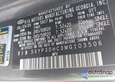 2021 Kia Telluride Ex z USA, uszkodzony, nr VIN 5XYP3DHC3MG103506